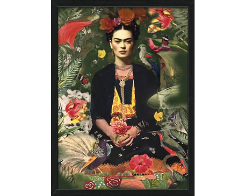 Schilderij van Frida Kahlo met bloemen en dieren in lijst