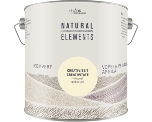 NATURAL ELEMENTS Leemverf "Creativiteit" lichtgeel 2,5 l Verfemmer met de opdruk Natural Elements