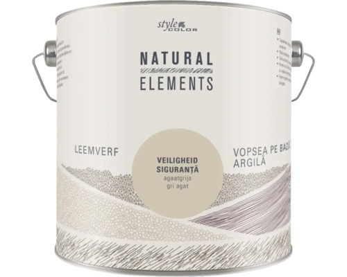NATURAL ELEMENTS Leemverf "Veiligheid" agaatgrijs 2,5 l Verfemmer met natuurlijke verf voor muren
