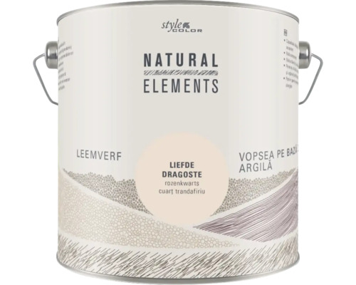 NATURAL ELEMENTS Leemverf "Liefde" rozenkwarts 2,5 l Verfemmer met het opschrift Natural Elements Leemverf