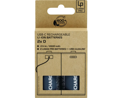 Verpakking van twee USB-C oplaadbare lithium-ion D batterijen van het merk Lumak Pro
