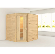 Houten sauna met glazen deur en interieurzicht