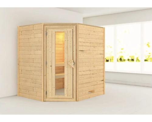 Houten sauna met glazen deur en interieurzicht