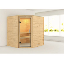 Vrijstaande houten sauna met glazen deur en binnenverlichting in een heldere ruimte.