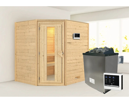 Houten sauna met kachel en bediening