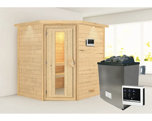 Houten hoeksauna met saunakachel en bediening