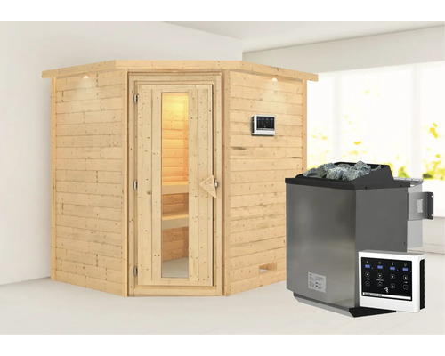 Houten hoeksauna met saunakachel en bediening