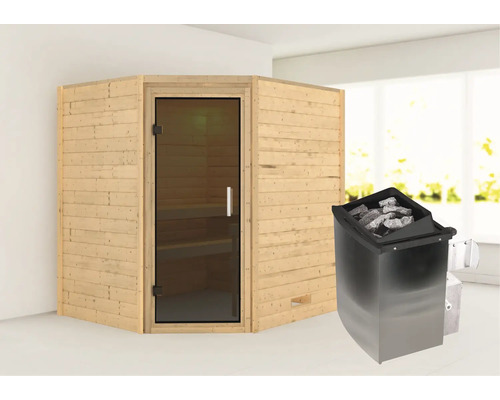 Houten hoeksauna met glazen deur en saunakachel