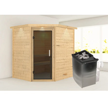 Houten sauna met glazen deur en saunakachel met saunastenen