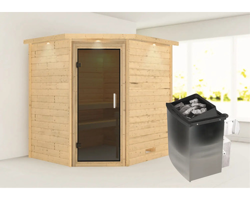 Houten sauna met glazen deur en saunakachel met saunastenen