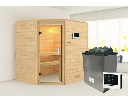 Hoeksauna van hout met saunakachel en bediening