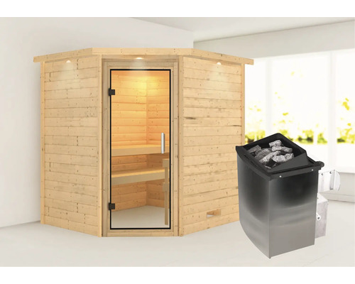 Houten hoeksauna met glazen deur en saunakachel