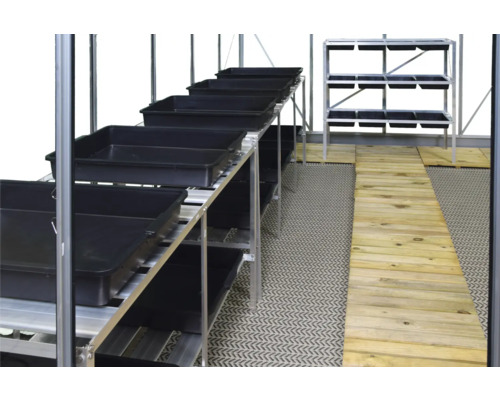 Interieur van een kas met rekken en plantenbakken