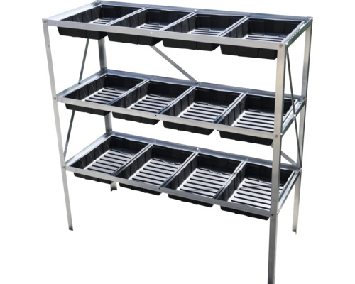 Kweekrek met drie niveaus en meerdere zwarte plantenbakken