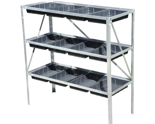 Kweektafel met drie niveaus en zwarte plantenbakken