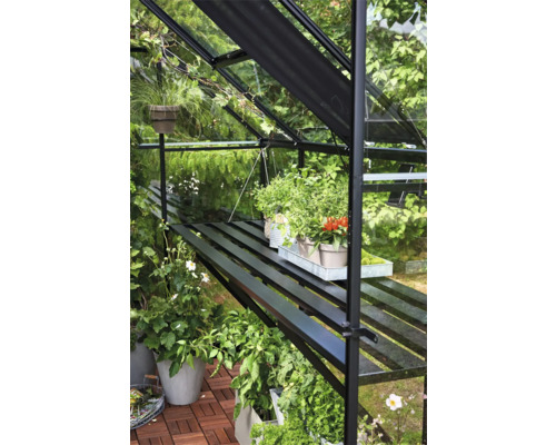 Detailopname van een serre met planten op rekken