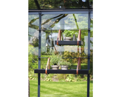 Kas met planken, planten, gieter en tuingereedschap