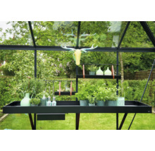 Interieur van een kas met tafel, schappen, planten en decoratie