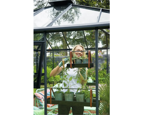 Vrouw in kas met planten op een plank.