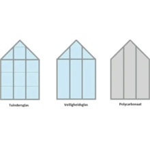 Illustratie van kassen met verschillende beglazing: tuinbouwglas, veiligheidsglas en polycarbonaat