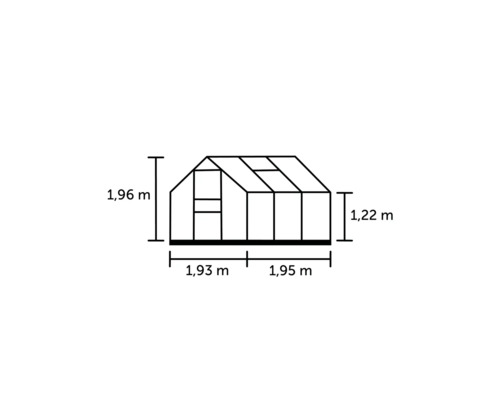 Afmetingen van de kas: 1,96 meter hoogte, 1,93 meter plus 1,95 meter breedte en 1,22 meter zijhoogte.