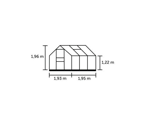 Technische tekening van een tuinkas met hoogte- en breedtegegevens.
