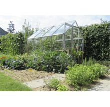 Kas in de tuin met groentebedden