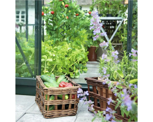 Kas met groenten, kruiden en gevlochten manden