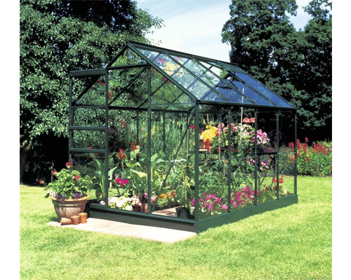 Kas met glas en planten in de tuin.