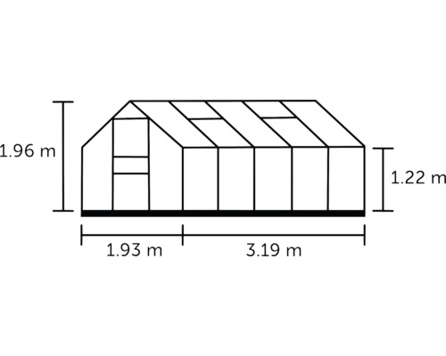 Technische tekening van een tuinkas met maatvoering van hoogte en breedte.