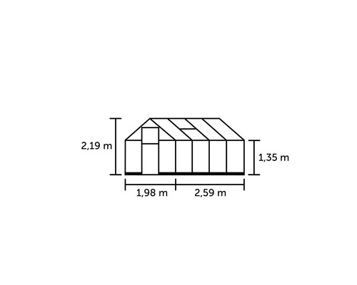 Afbeelding van een kas met de afmetingen 2,19 meter hoog, 1,98 meter breed en 1,35 meter lang