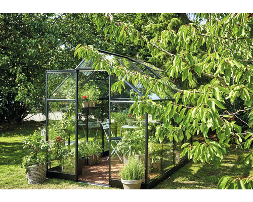 Kas met planten en tuinaccessoires in de tuin