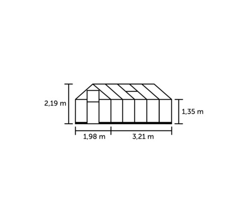 Technische tekening van een kas met afmetingen van hoogte, lengte en breedte.