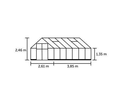 Technische tekening van een kas met afmetingen