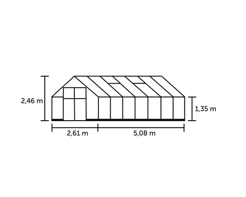 Technische tekening van een kas met aanduiding van hoogte en lengte