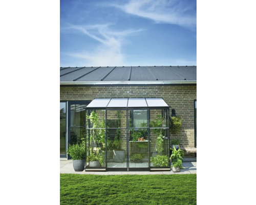 Kas met planten voor een bakstenen muur