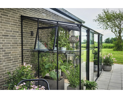 Glazen en metalen kas tegen een huismuur met planten en tuindecoratie