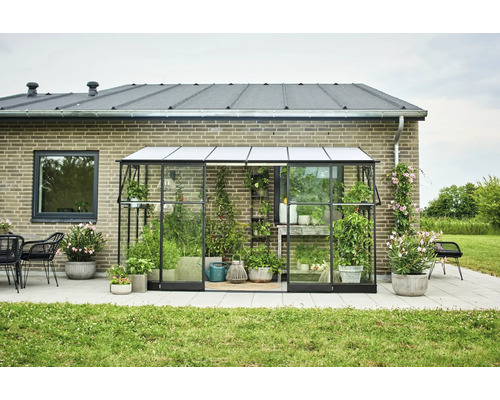 Kas met planten op een terras naast een huis