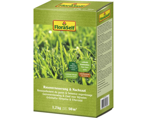 FLORASELF Graszaad gazonvernieuwer 1,2 kg 50 m² FloraSelf Grasrenovatie en Zaad voor bijzaaien verpakking 1,2 kilogram voor 50 vierkante meter