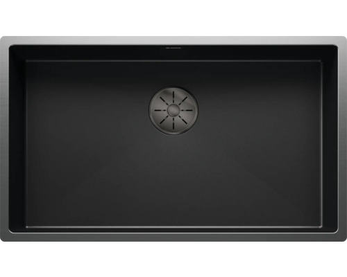 Gedetailleerde weergave van een zwarte composiet spoelbak met afvoer