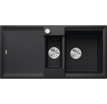 Zwarte aanrechtgootsteen met afdruiprek en twee spoelbakken