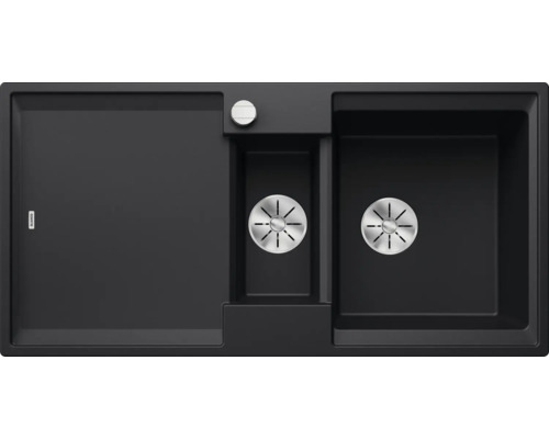 Zwarte aanrechtgootsteen met afdruiprek en twee spoelbakken