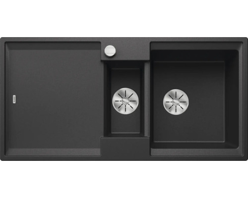 Donkergrijze gootsteen met twee spoelbakken en afdruiprek