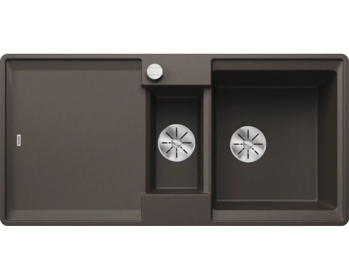 Bruine gootsteen met afdruiprek en twee spoelbakken