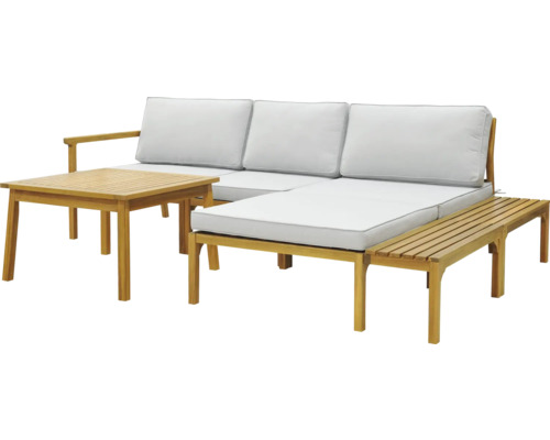 Tuinmeubelset met houten bank, tafel en bank met lichte kussens