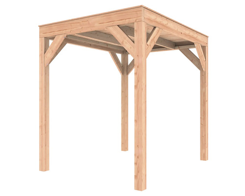 Houten paviljoen met rechthoekige dakconstructie en vier palen