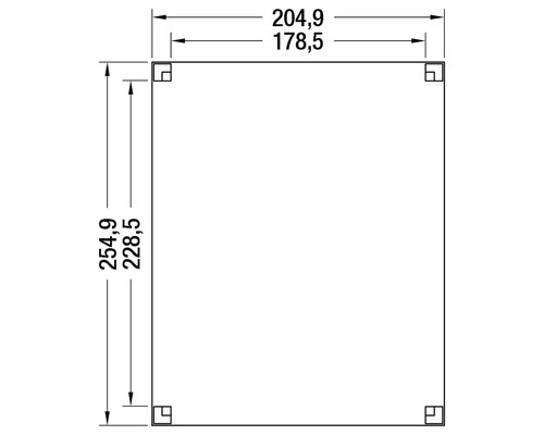 Technische tekening met maatvoering: 204,9 en 178,5 in de breedte, 254,9 en 228,5 in de hoogte