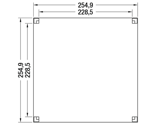 Technische tekening van een vierkant met zijden van 254,9 en 228,5 millimeter