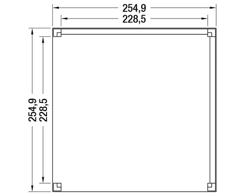 Technische tekening van een vierkant met de afmetingen 254,9 en 228,5