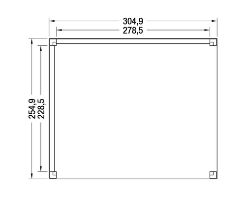 Technische tekening van een rechthoek met afmetingen van 254,9 bij 304,9 centimeter.